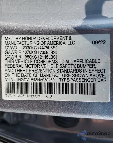 2022 Honda Accord Sport Se from USA, damaged, VIN 1HGCV1F43NA085479